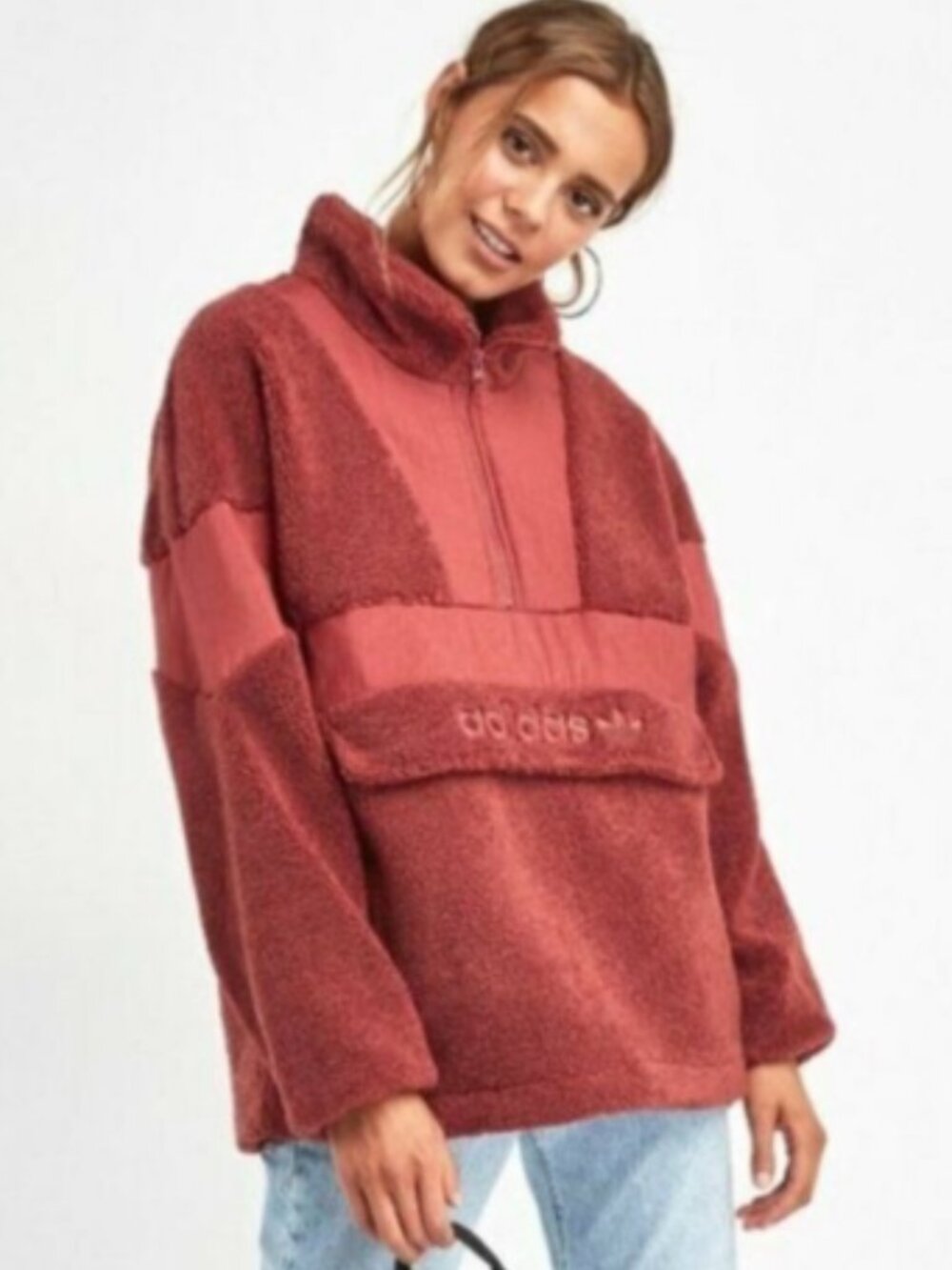adidas Women's Originals Sherpa Half Zip Fleece Jacket Size S Pullover Oversized